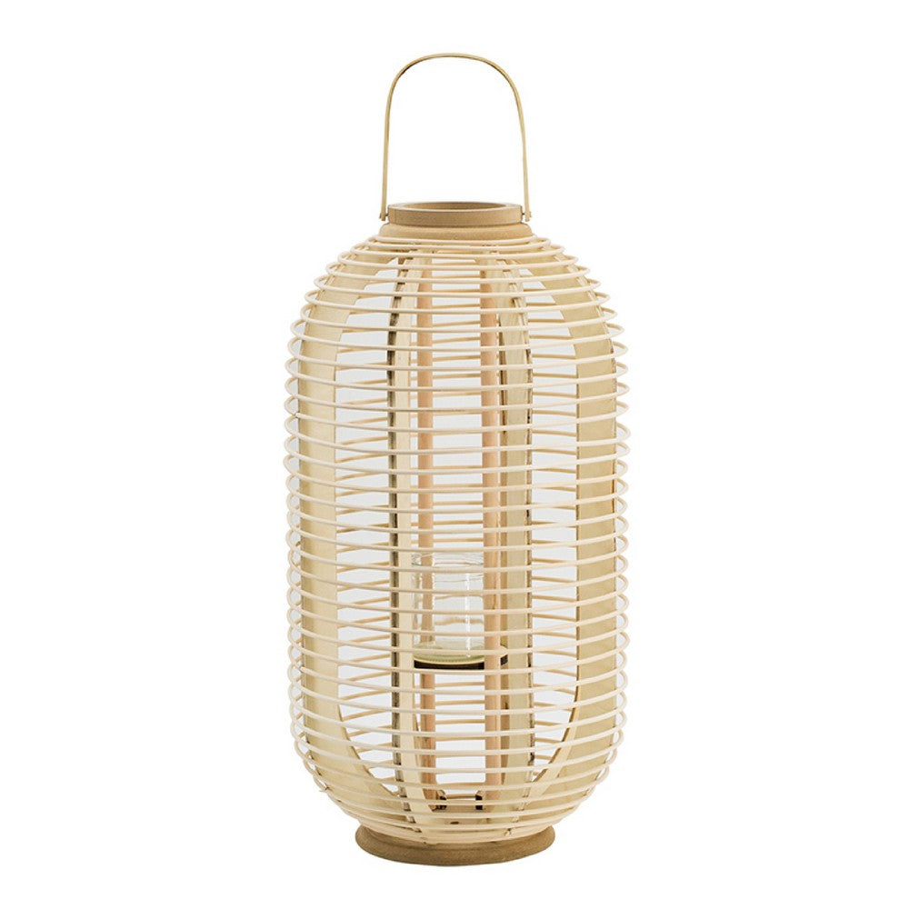 Rattan Bamboo Lantern with Glass Insert | Natural Beige Open Weave Frame