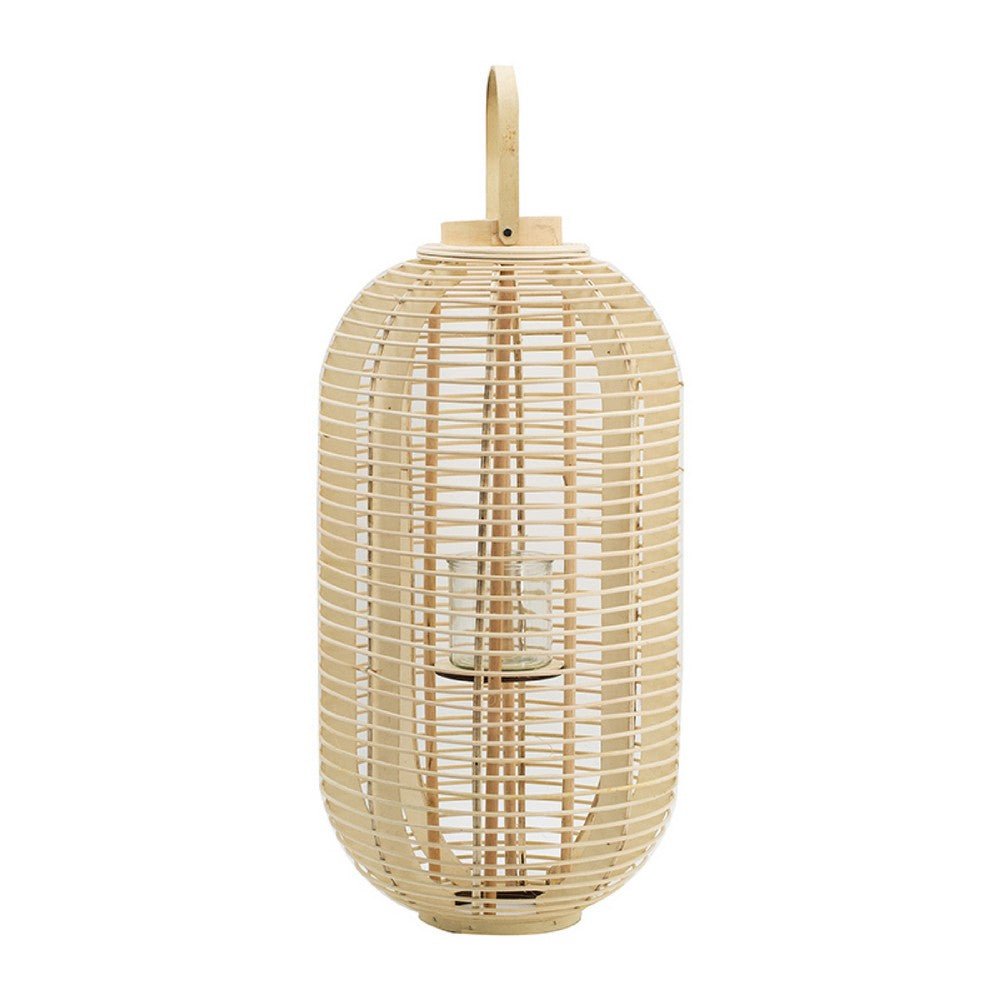 Rattan Bamboo Lantern with Glass Insert | Natural Beige Open Weave Frame
