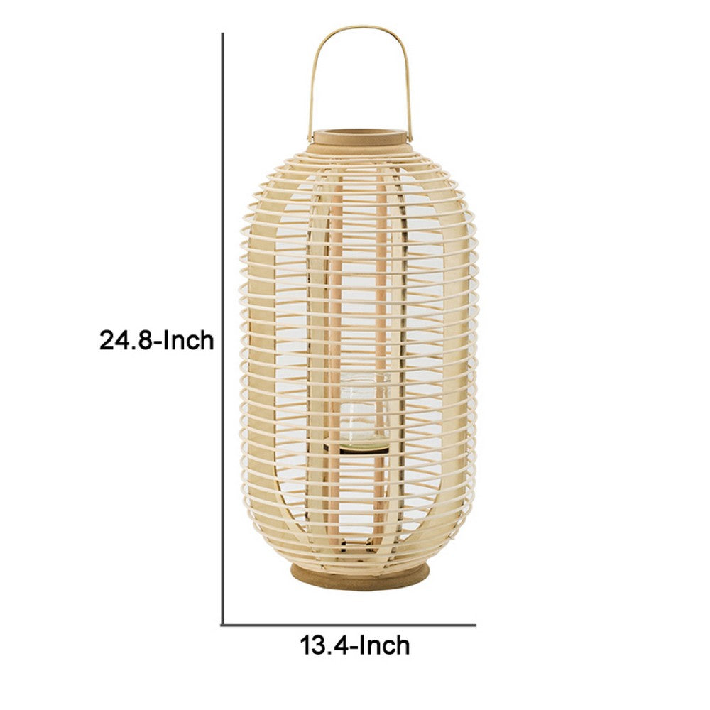 Rattan Bamboo Lantern with Glass Insert | Natural Beige Open Weave Frame