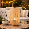 Rattan Bamboo Lantern with Glass Insert | Natural Beige Open Weave Frame