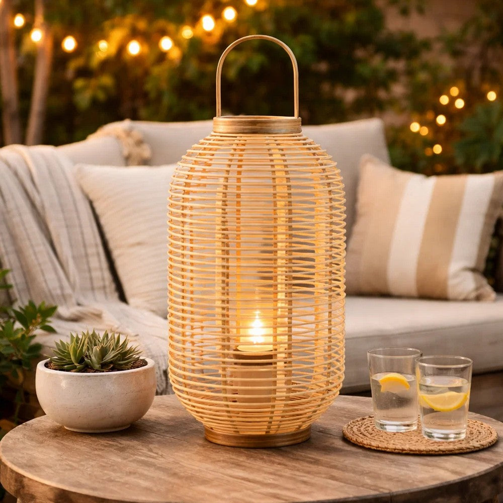 Rattan Bamboo Lantern with Glass Insert | Natural Beige Open Weave Frame