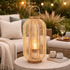 Rattan Bamboo Lantern with Glass Insert | Natural Beige Open Weave Frame