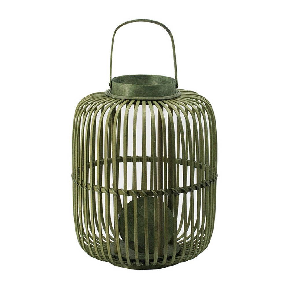 Green Bamboo Lantern with Glass Insert | Slatted Frame & Handle | 17"