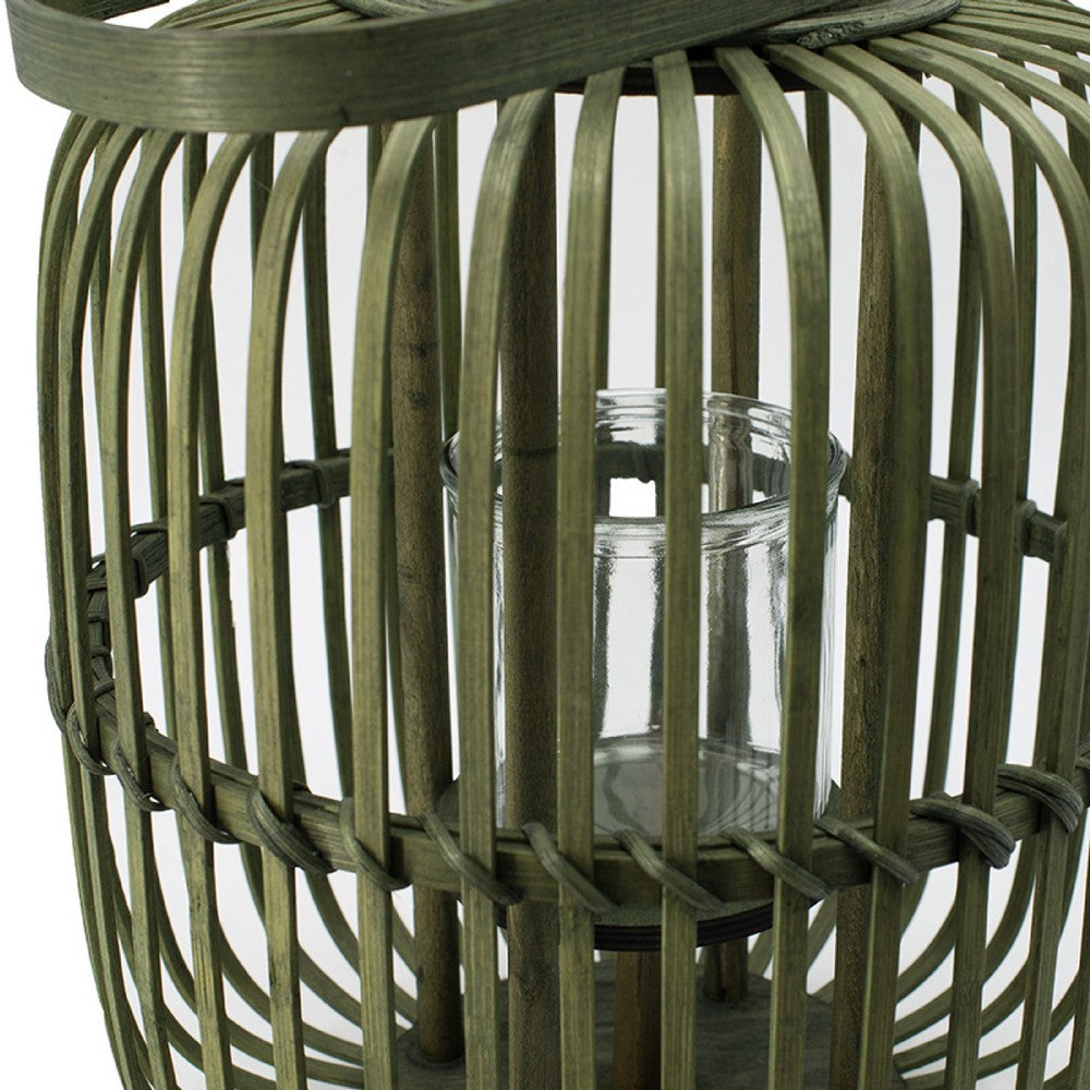 Green Bamboo Lantern with Glass Insert | Slatted Frame & Handle | 17"