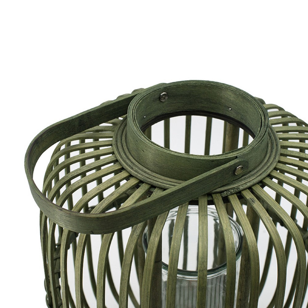 Green Bamboo Lantern with Glass Insert | Slatted Frame & Handle | 17"