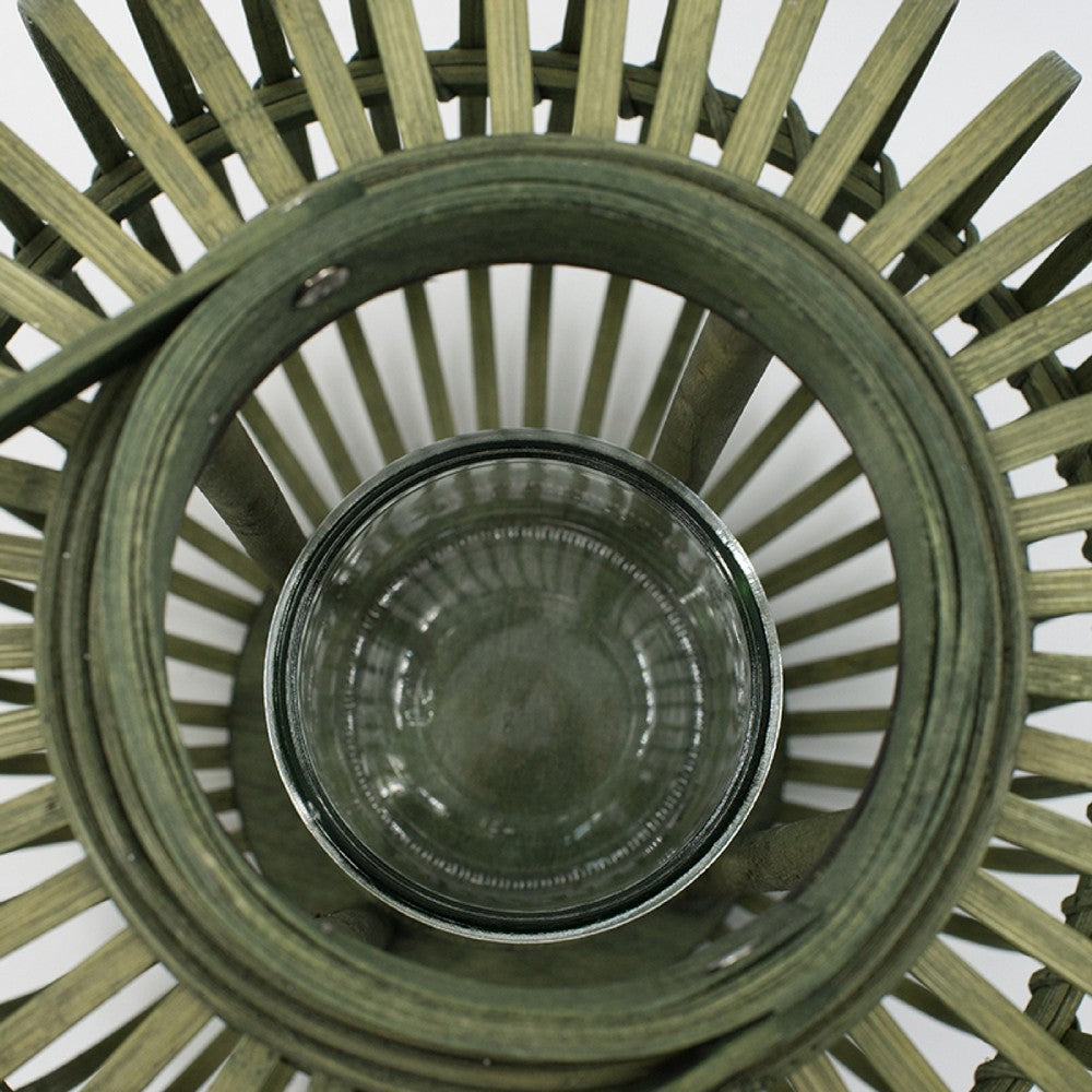 Green Bamboo Lantern with Glass Insert | Slatted Frame & Handle | 17"
