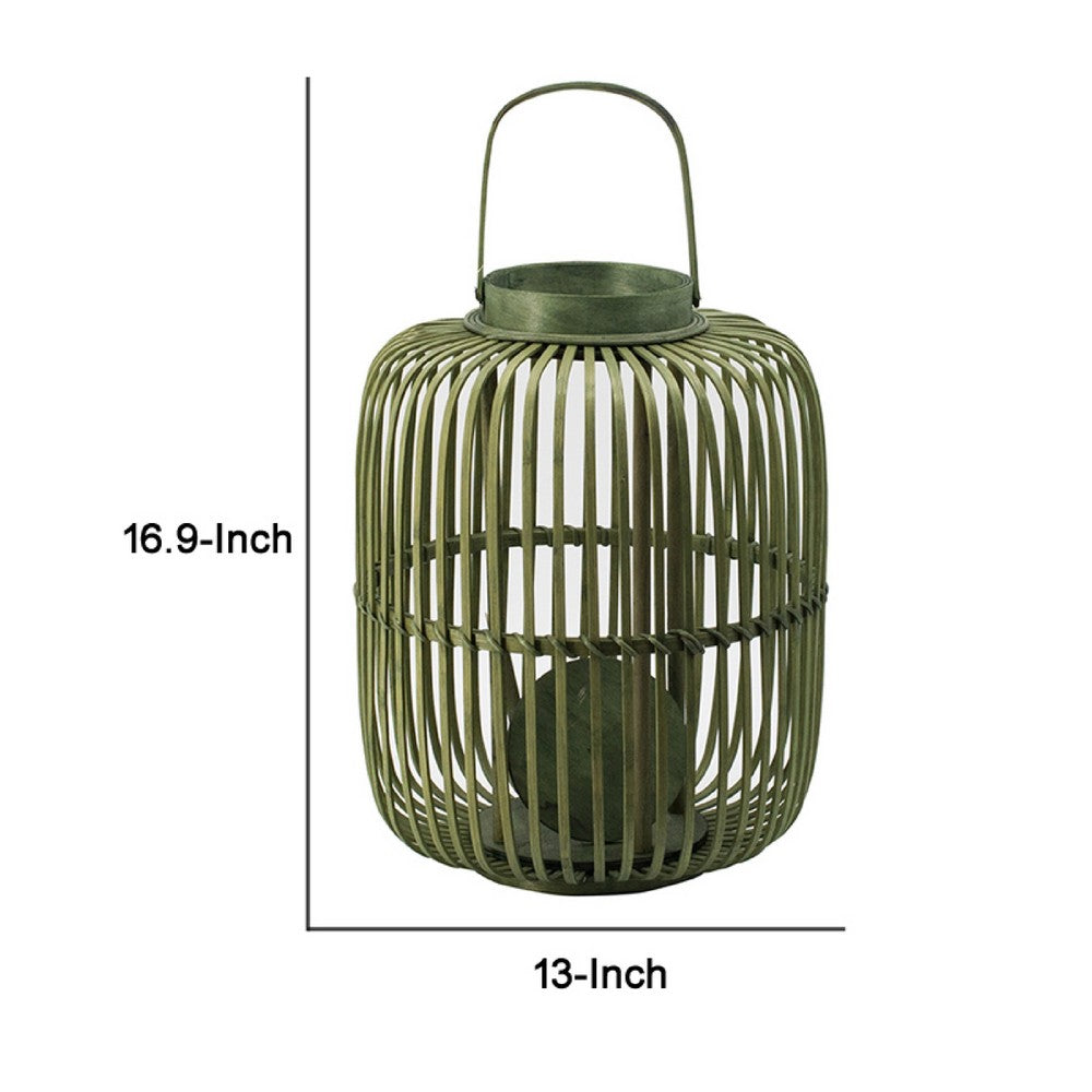 Green Bamboo Lantern with Glass Insert | Slatted Frame & Handle | 17"