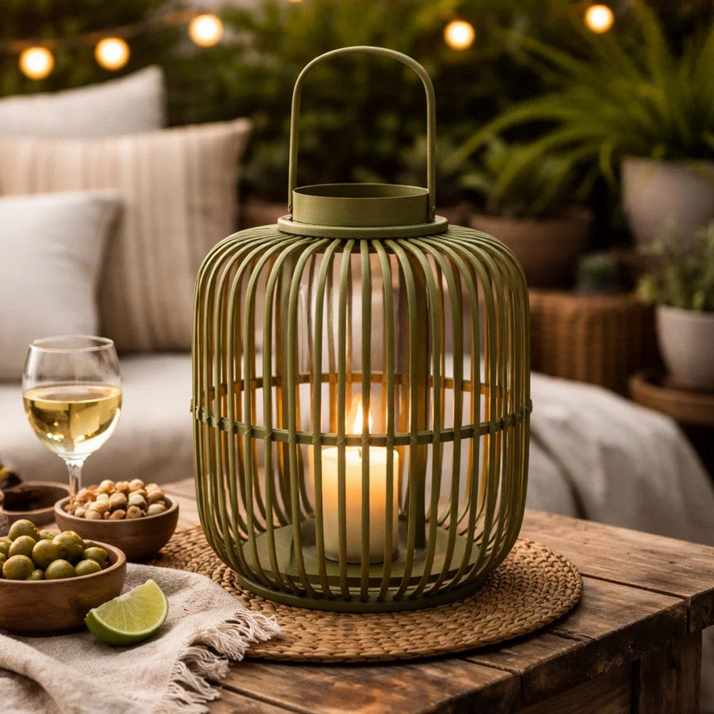 Green Bamboo Lantern with Glass Insert | Slatted Frame & Handle | 17"