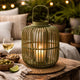 Green Bamboo Lantern with Glass Insert | Slatted Frame & Handle | 17"
