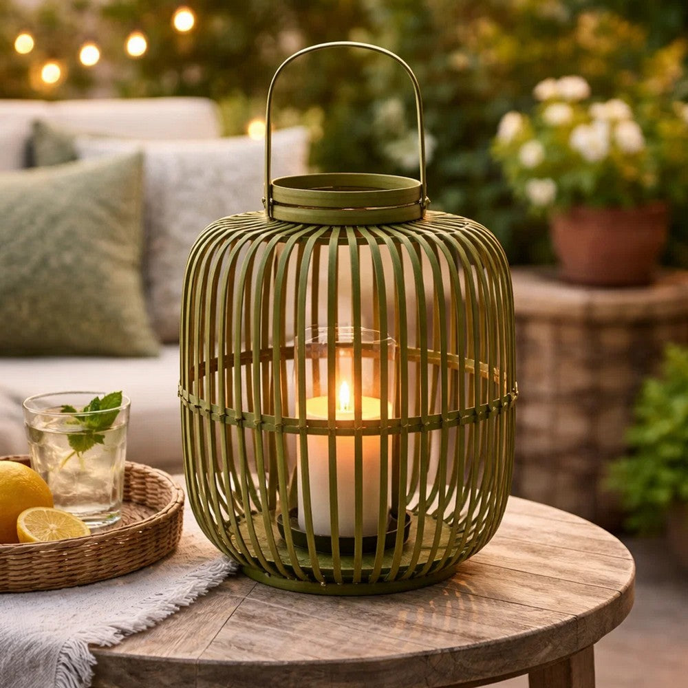 Green Bamboo Lantern with Glass Insert | Slatted Frame & Handle | 17"