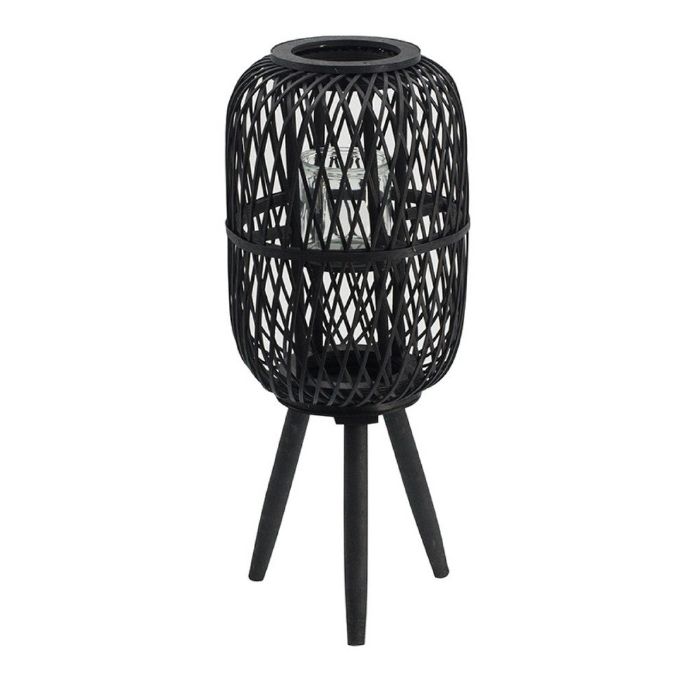 Lantern | Glass Insert with Black Bamboo Lattice Tripod Frame | 24"