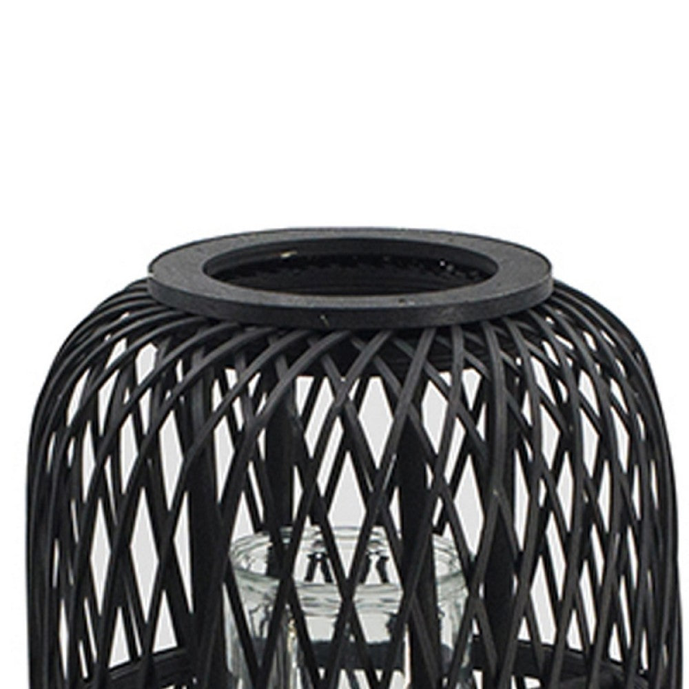 Lantern | Glass Insert with Black Bamboo Lattice Tripod Frame | 24"