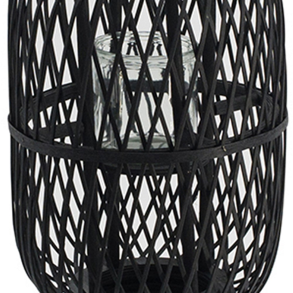 Lantern | Glass Insert with Black Bamboo Lattice Tripod Frame | 24"