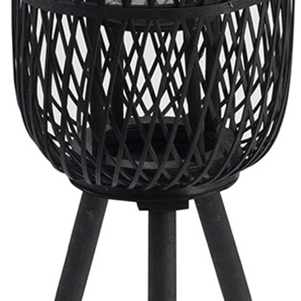 Lantern | Glass Insert with Black Bamboo Lattice Tripod Frame | 24"