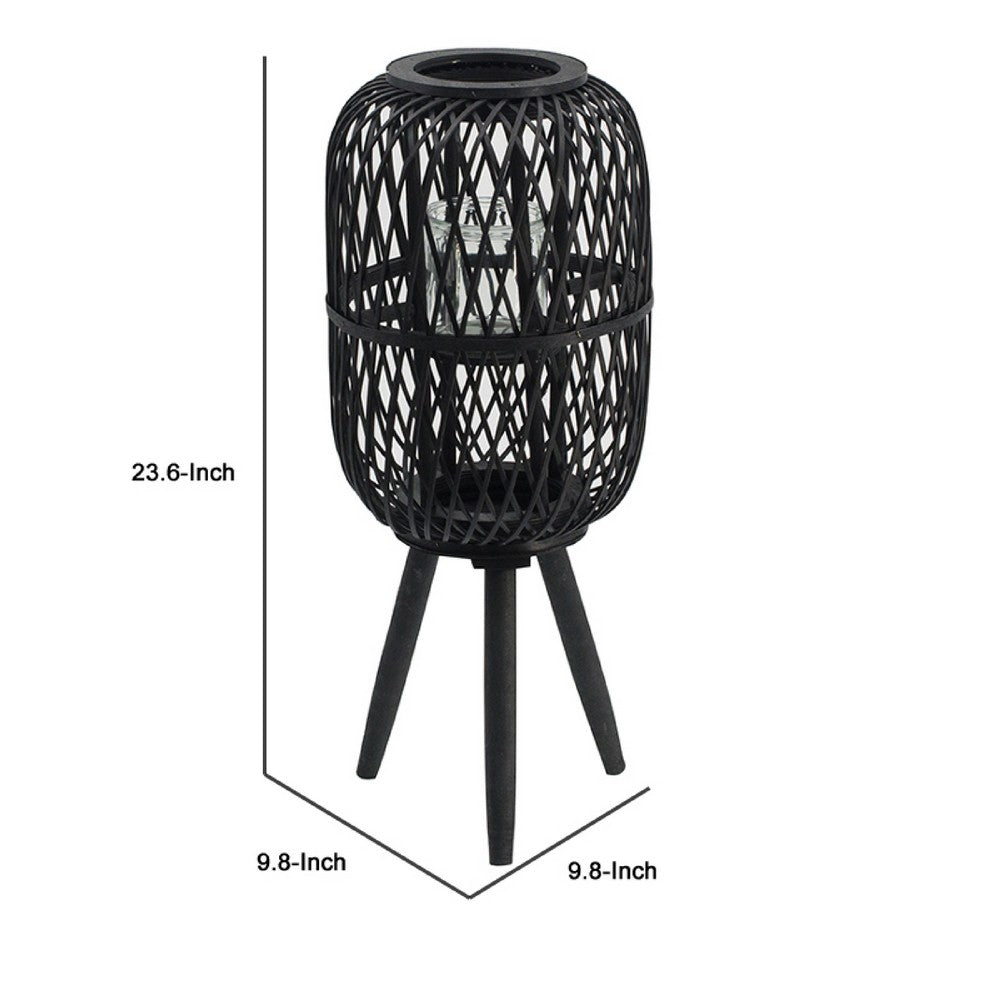 Lantern | Glass Insert with Black Bamboo Lattice Tripod Frame | 24"