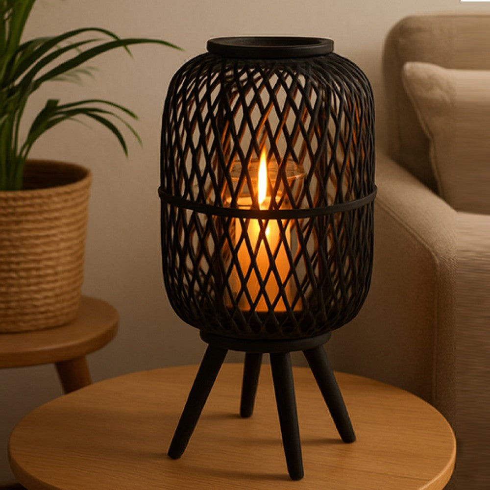 Lantern | Glass Insert with Black Bamboo Lattice Tripod Frame | 24"