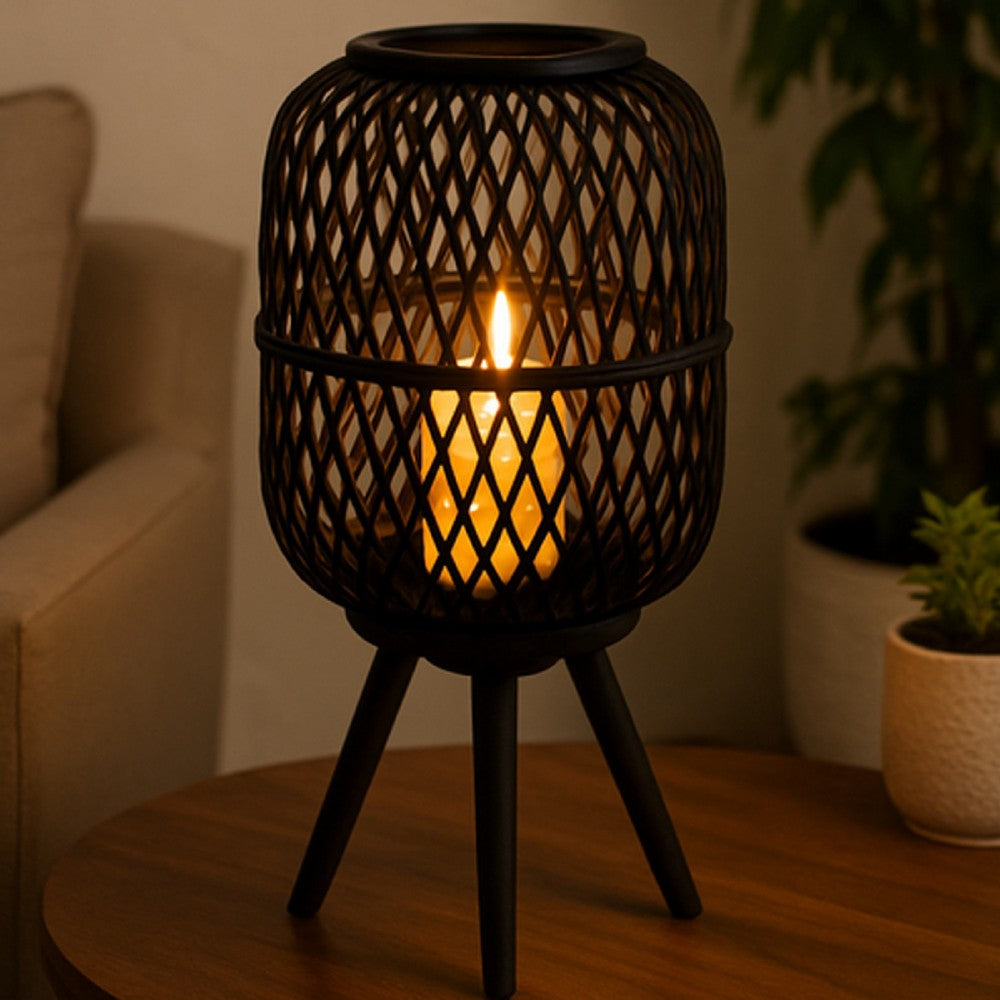 Lantern | Glass Insert with Black Bamboo Lattice Tripod Frame | 24"