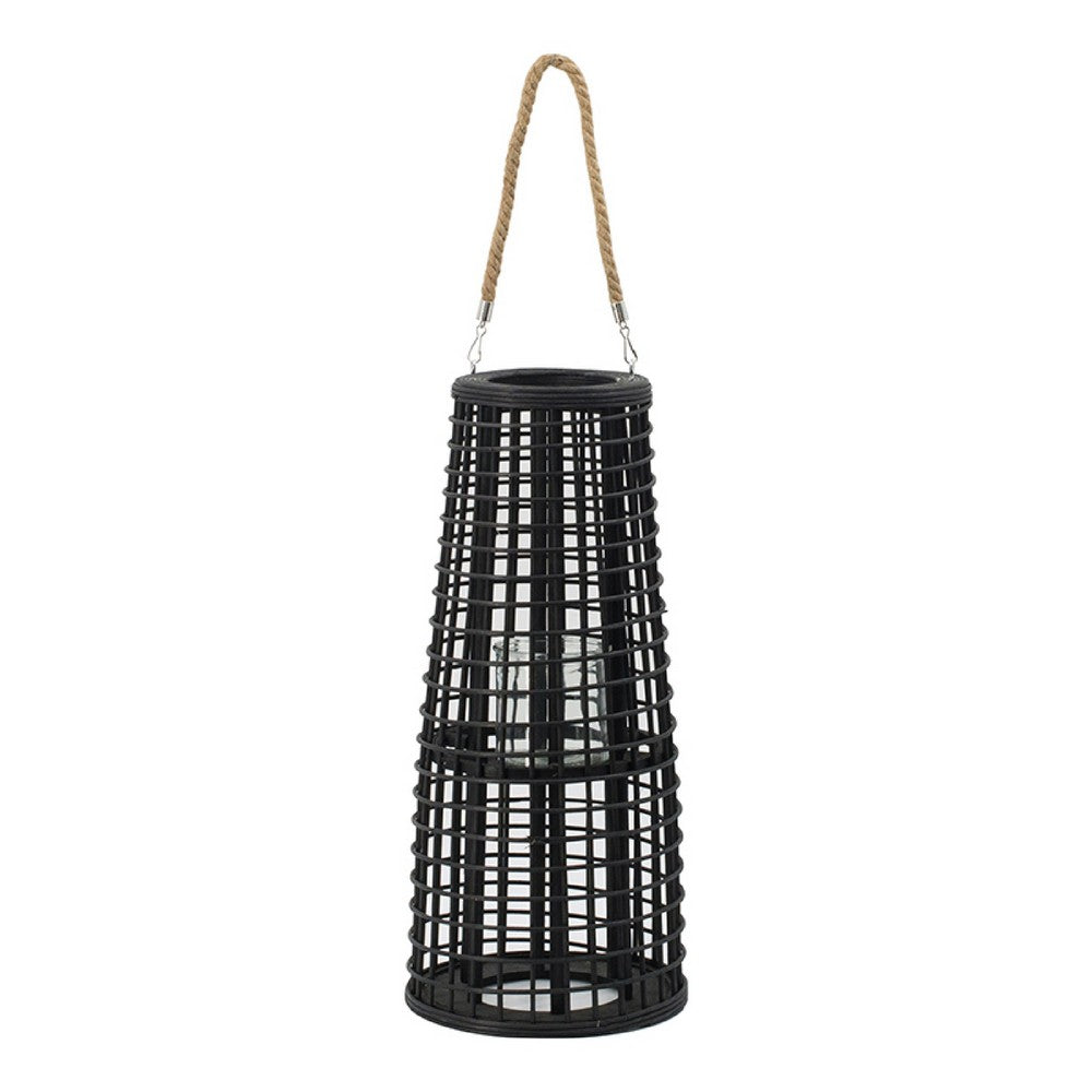 Rattan Lantern with Rope Hanging Handle | Open Slat Design | Black | 21"
