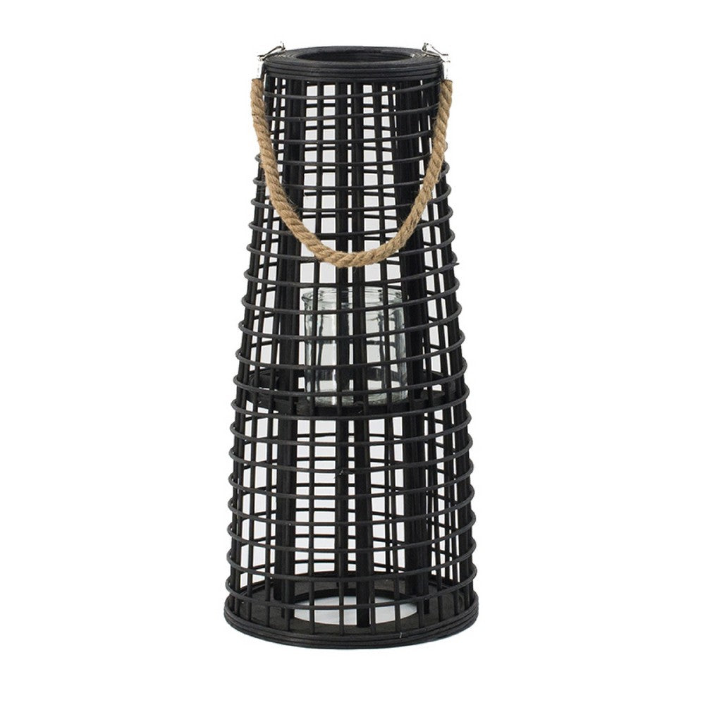 Rattan Lantern with Rope Hanging Handle | Open Slat Design | Black | 21"