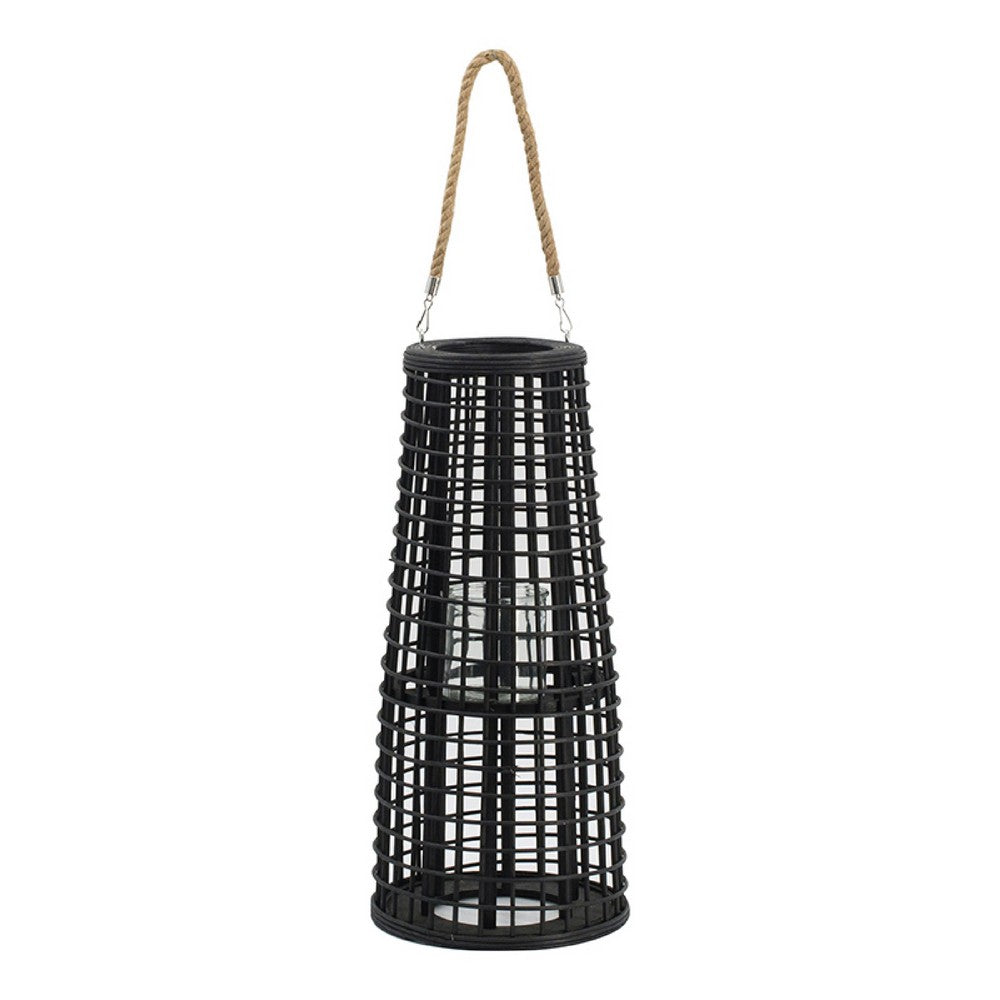 Rattan Lantern with Rope Hanging Handle | Open Slat Design | Black | 21"