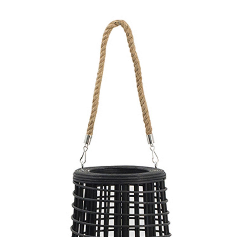 Rattan Lantern with Rope Hanging Handle | Open Slat Design | Black | 21"