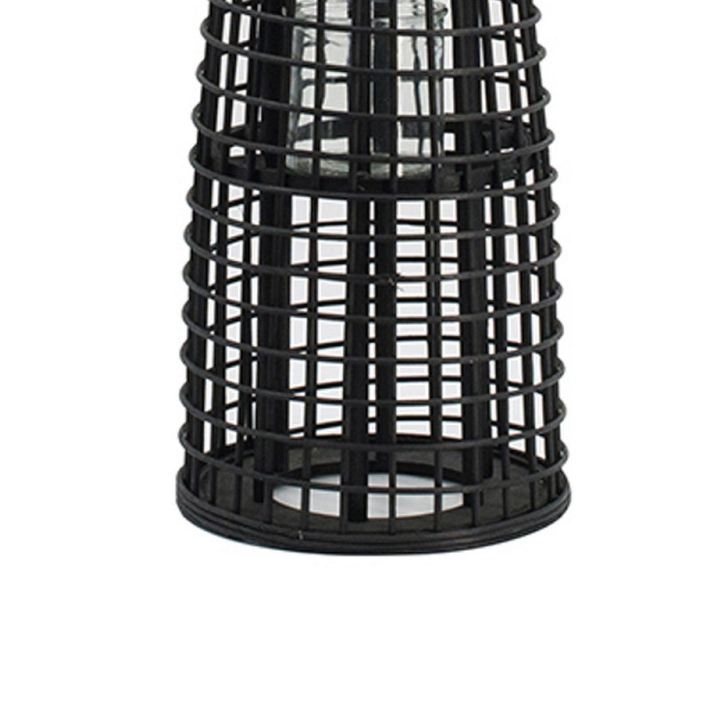 Rattan Lantern with Rope Hanging Handle | Open Slat Design | Black | 21"