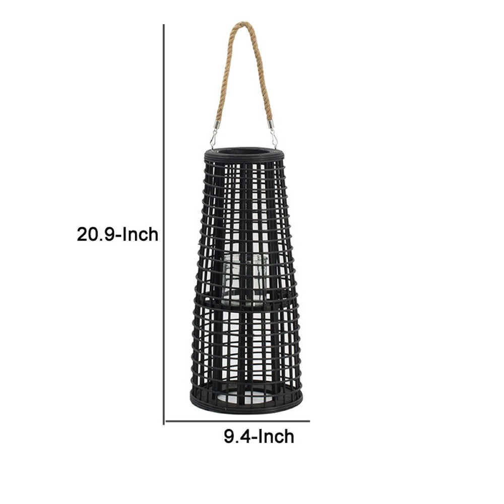 Rattan Lantern with Rope Hanging Handle | Open Slat Design | Black | 21"