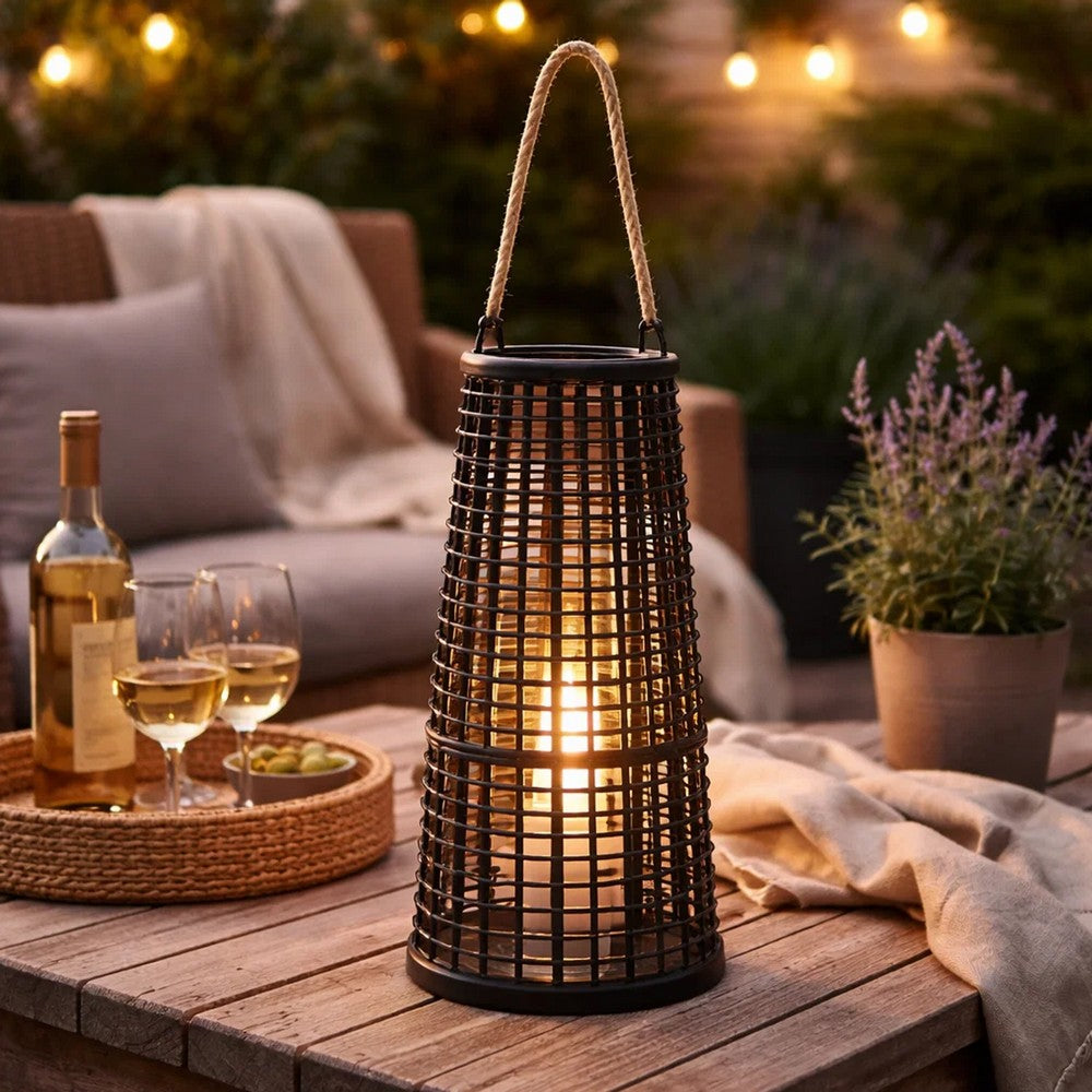 Rattan Lantern with Rope Hanging Handle | Open Slat Design | Black | 21"