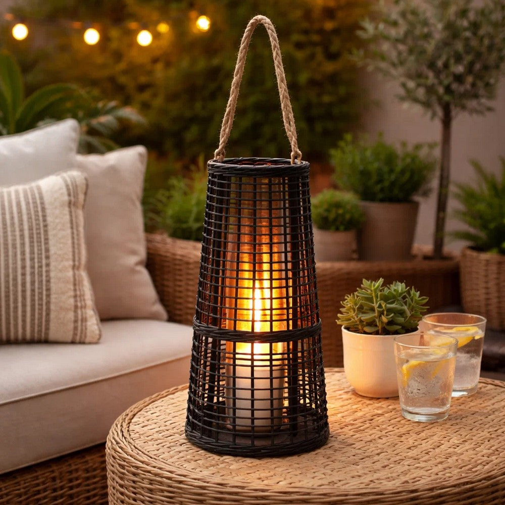 Rattan Lantern with Rope Hanging Handle | Open Slat Design | Black | 21"