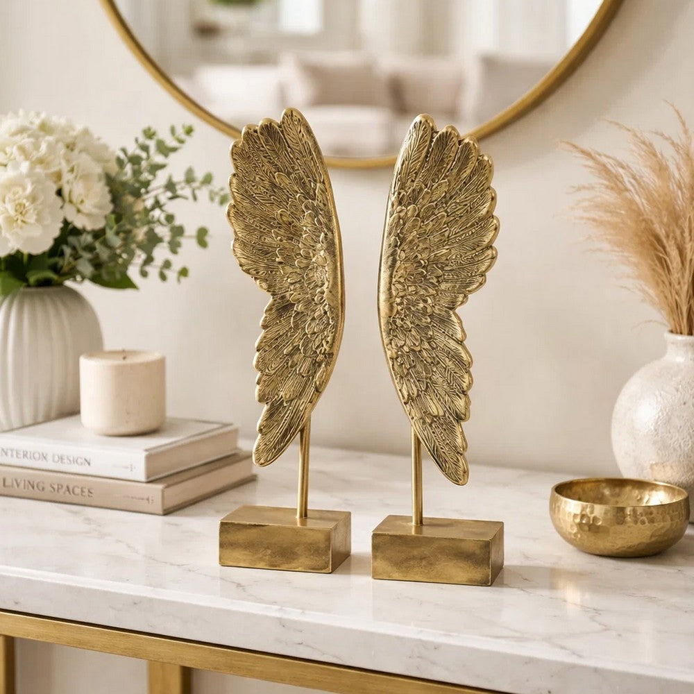 Angel Wing Bookend Set of 2 | Square Base | Gold Resin | Antique Style
