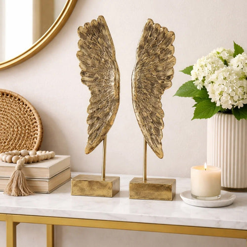 Angel Wing Bookend Set of 2 | Square Base | Gold Resin | Antique Style