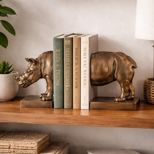 Nimy Decorative Bookend Set of 2 | Jungle Rhinoceros | Bronze Polyresin