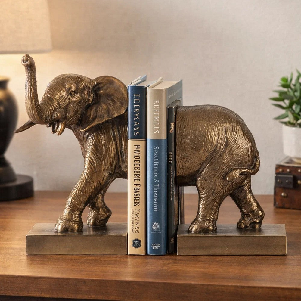 Nimy Decorative Bookend Set of 2 | Trumpeting Elephant | Bronze Polyresin