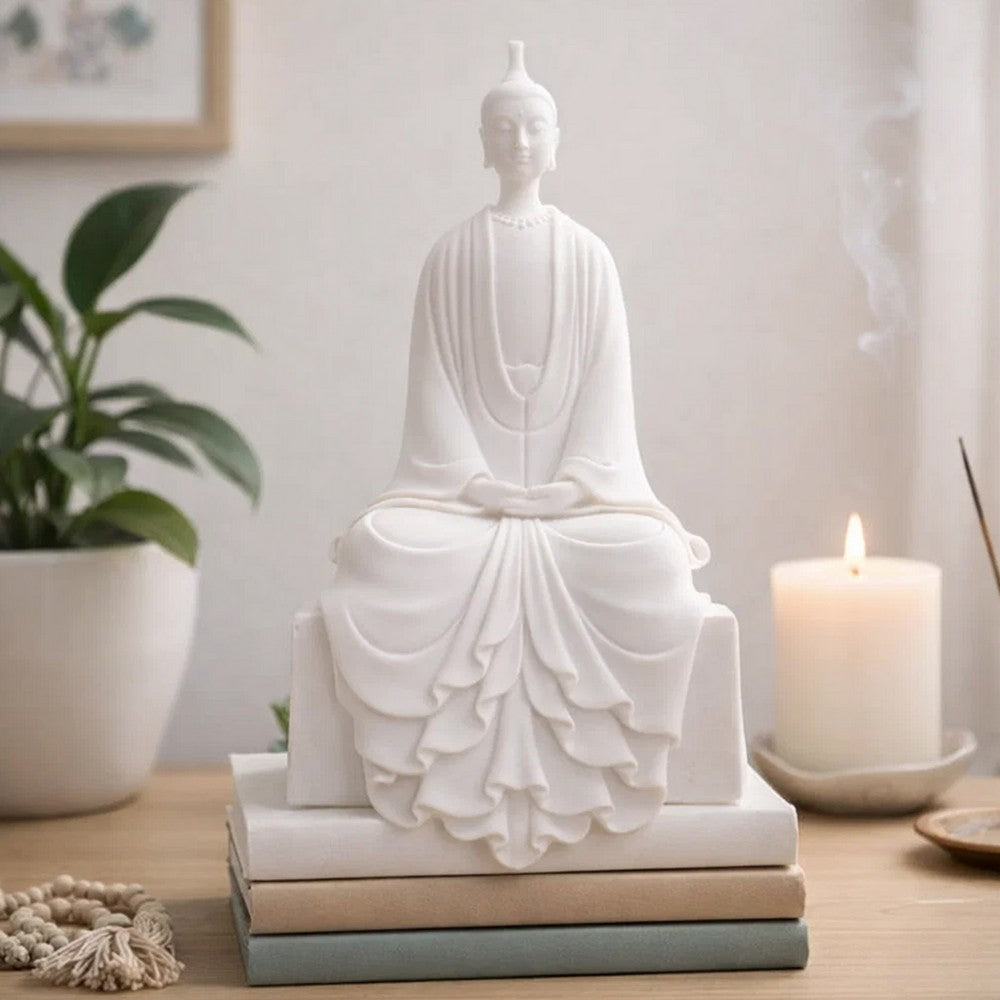 Sitting Sculpture | Peaceful Meditation Gesture | White Resin 19"