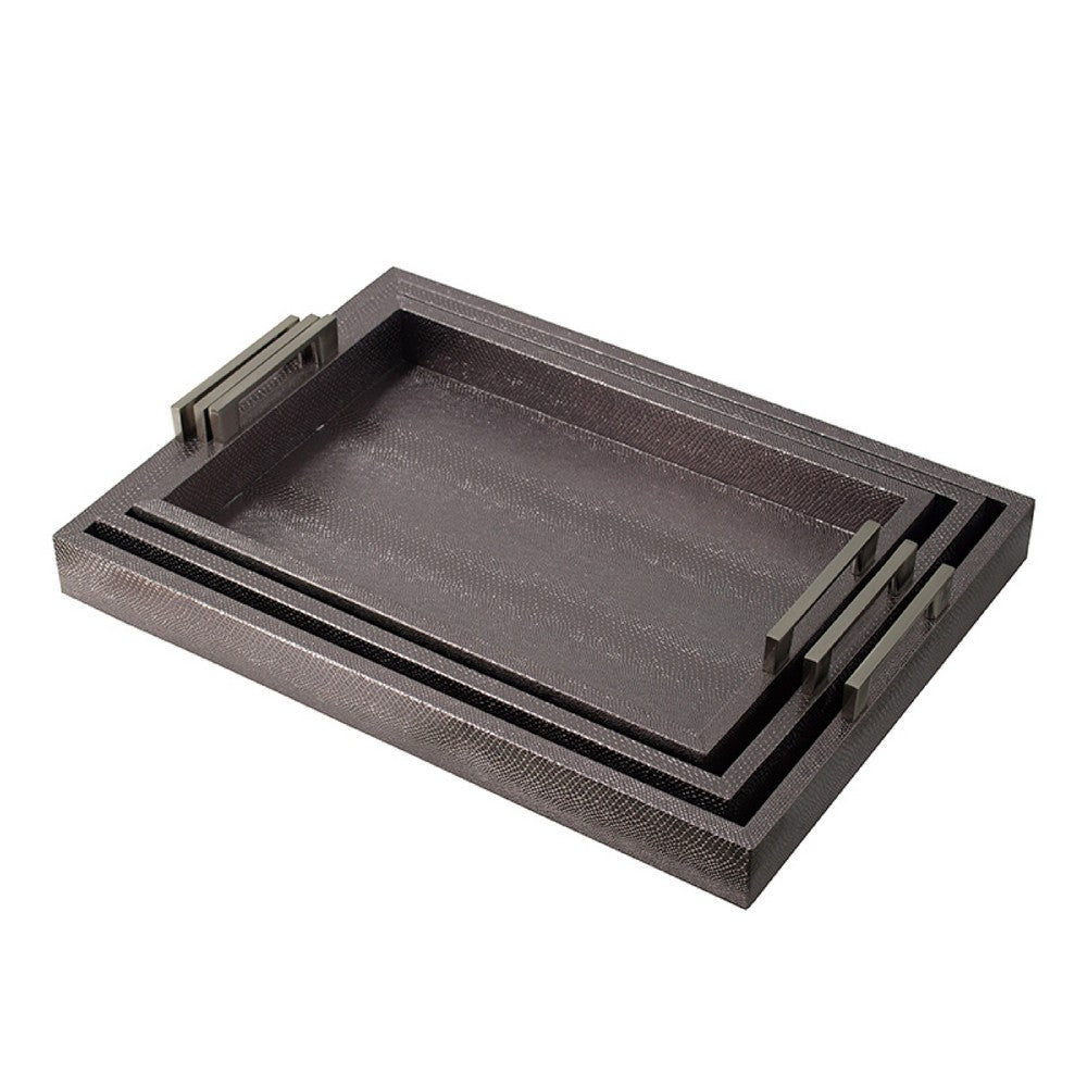 Rectangular Accent Nesting Tray Set of 3 | Snake Print Metal Handles | Black