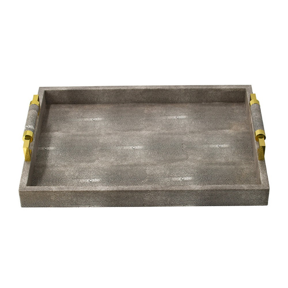 Accent Tray | Textured Faux Leather Finish | Gold Handles | Gray 19"