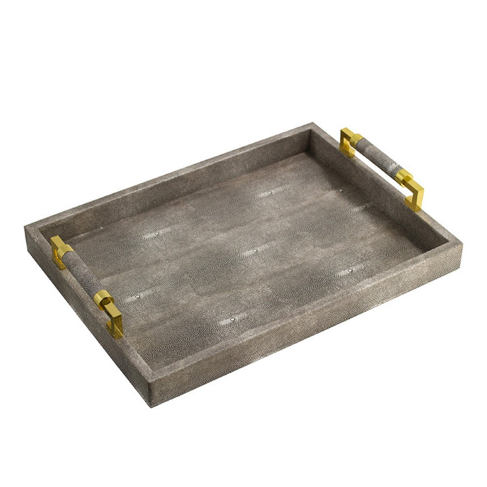 Accent Tray | Textured Faux Leather Finish | Gold Handles | Gray 19"