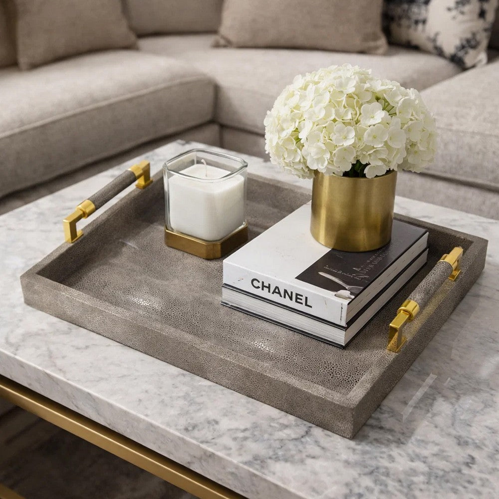 Accent Tray | Textured Faux Leather Finish | Gold Handles | Gray 19"