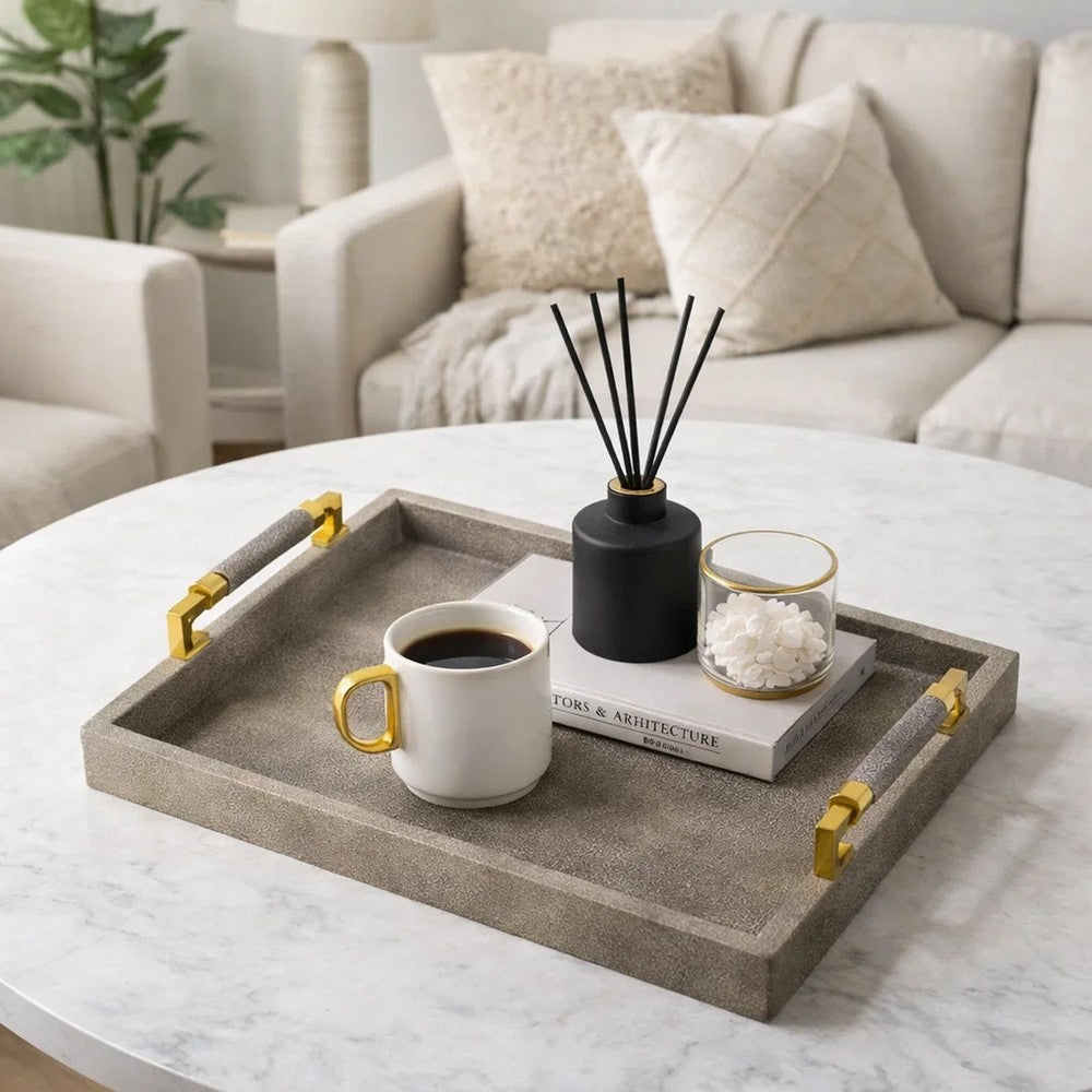 Accent Tray | Textured Faux Leather Finish | Gold Handles | Gray 19"