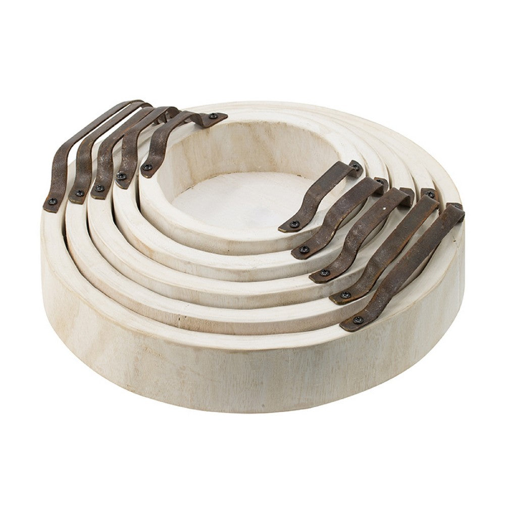 Nive Round Nesting Tray Set of 5 | Brown Handles | Whitewash Paulownia Wood