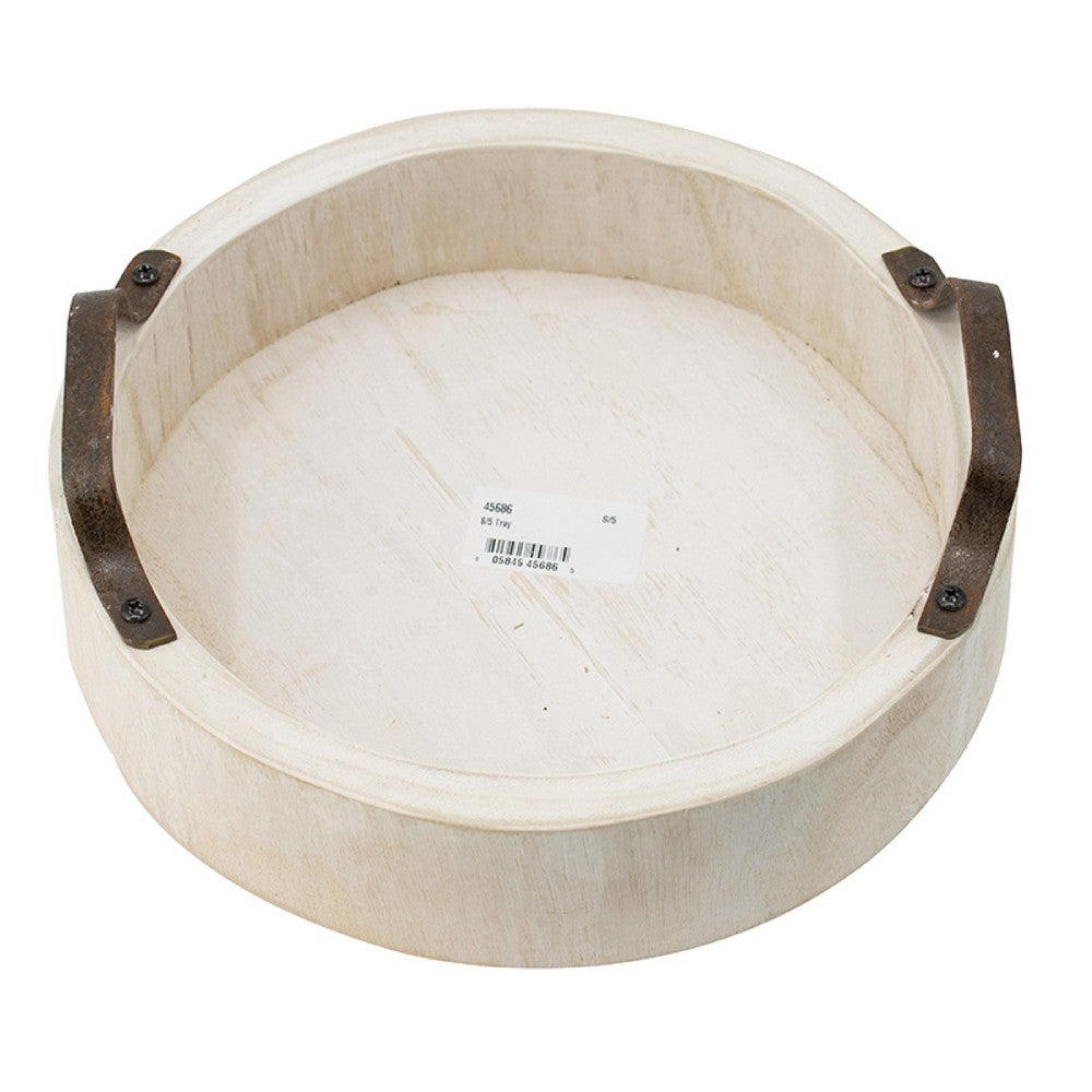 Nive Round Nesting Tray Set of 5 | Brown Handles | Whitewash Paulownia Wood