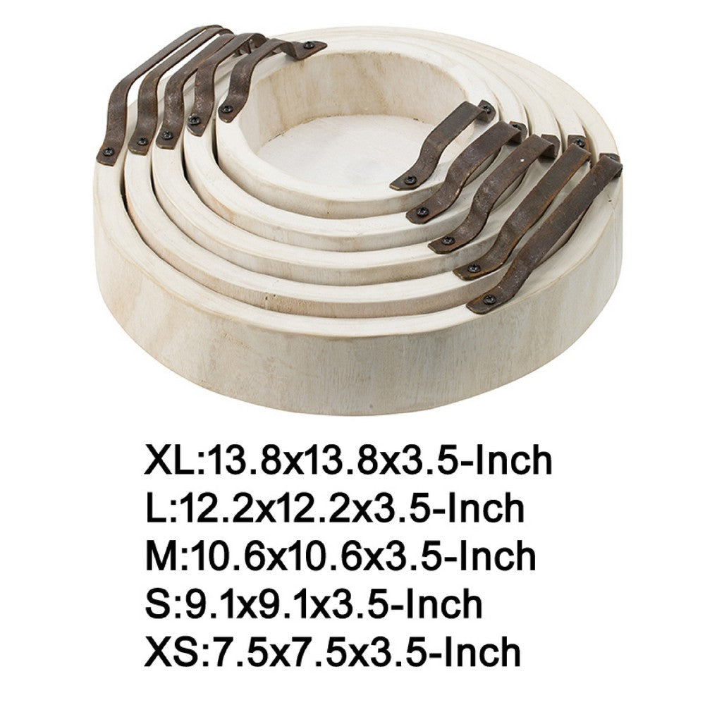Nive Round Nesting Tray Set of 5 | Brown Handles | Whitewash Paulownia Wood