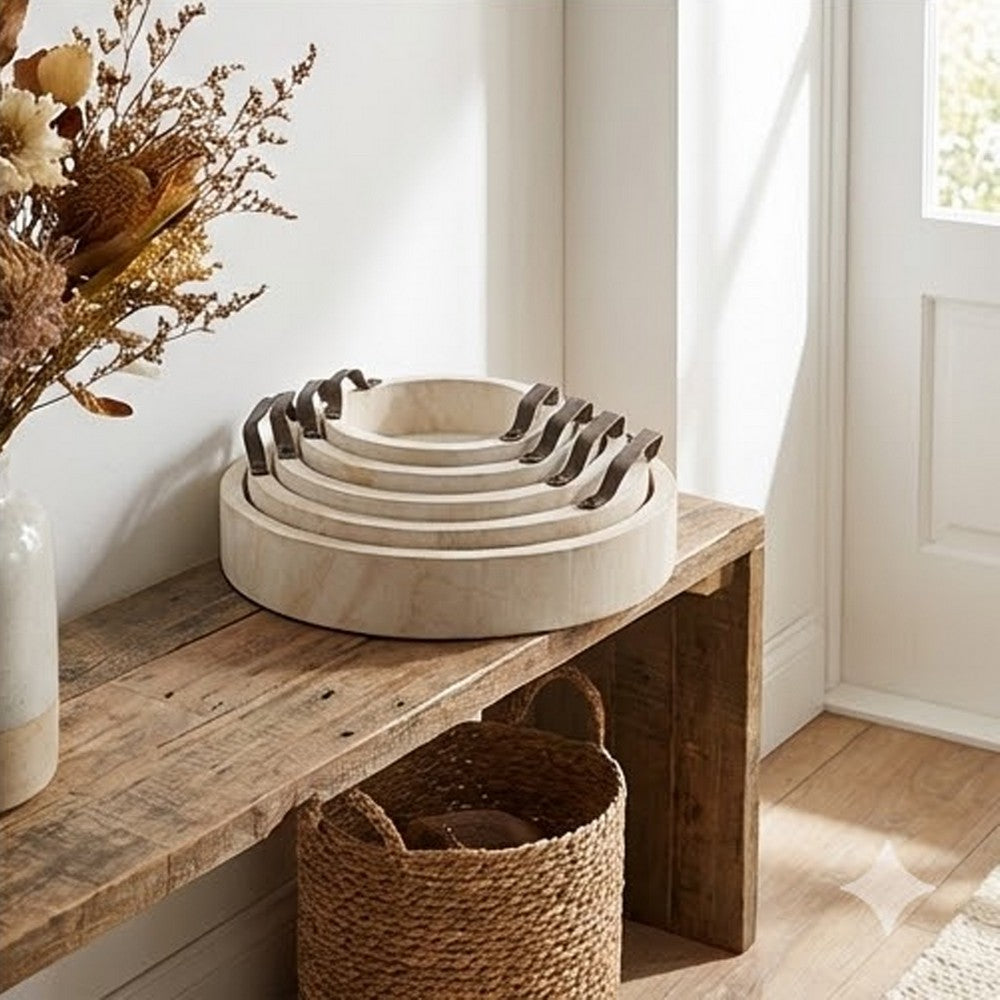 Nive Round Nesting Tray Set of 5 | Brown Handles | Whitewash Paulownia Wood