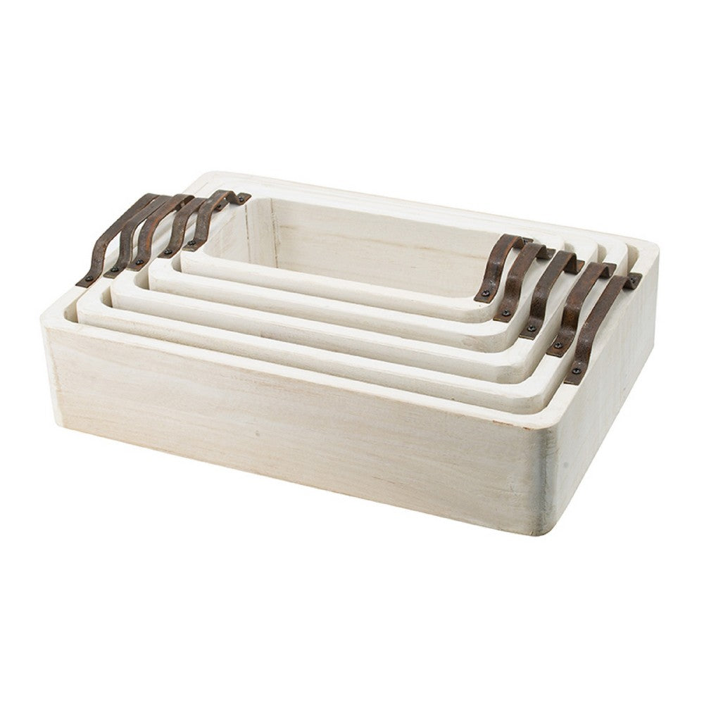 Nive Rectangular Nesting Tray Set of 5 | Brown Handles | Whitewash Paulownia