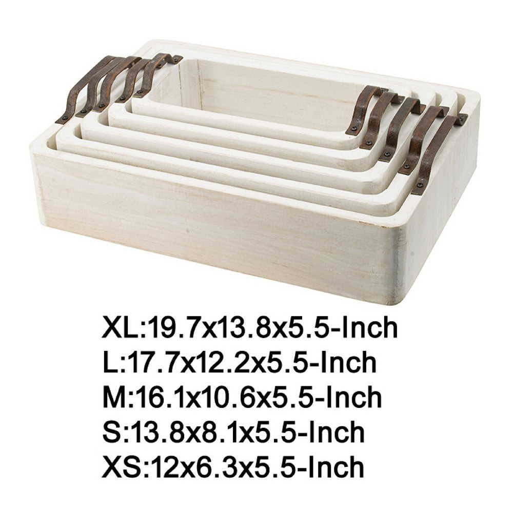 Nive Rectangular Nesting Tray Set of 5 | Brown Handles | Whitewash Paulownia