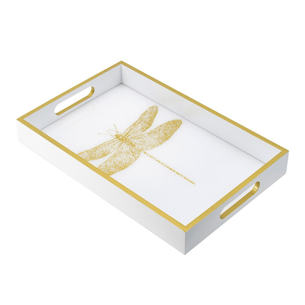 Decorative Tray | Gold Dragonfly | Cutout Handles | White Acrylic 16"