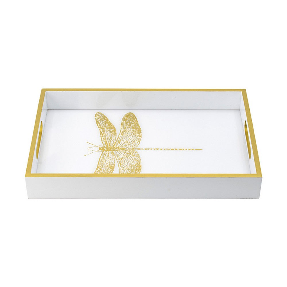 Decorative Tray | Gold Dragonfly | Cutout Handles | White Acrylic 16"