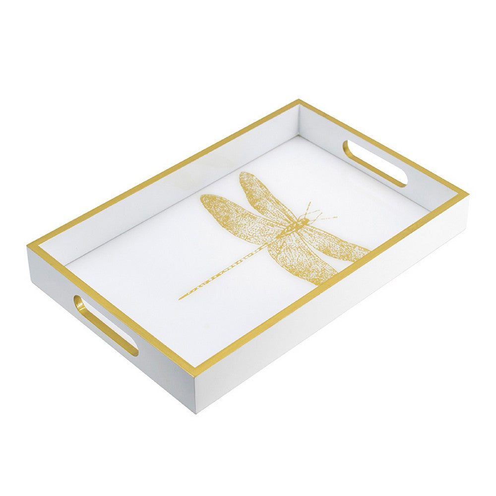 Decorative Tray | Gold Dragonfly | Cutout Handles | White Acrylic 16"