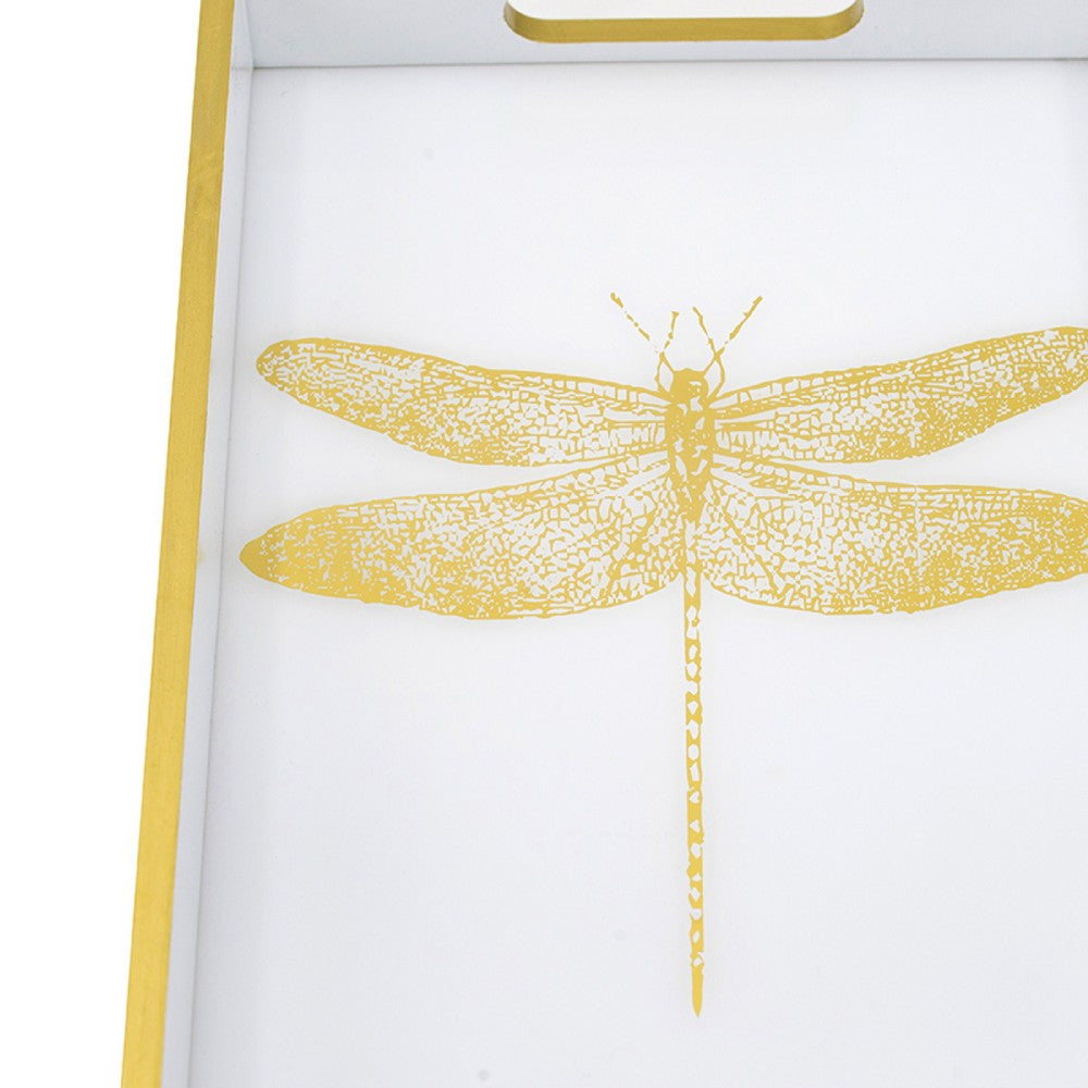 Decorative Tray | Gold Dragonfly | Cutout Handles | White Acrylic 16"