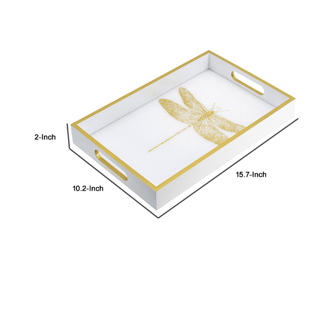 Decorative Tray | Gold Dragonfly | Cutout Handles | White Acrylic 16"